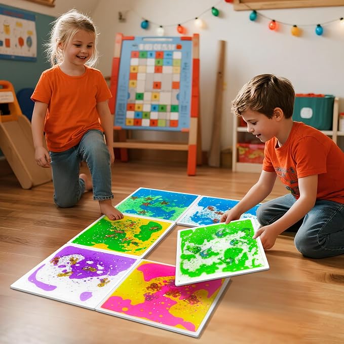 Liquid Sensory Floor Tiles for Toddlers 3+: 12" Ocean Mats, 6 Pack | Sea Creatures Move Through Colorful Liquid with Each Step for Ocean Sensory Play, Movement Games, Playrooms, and Classrooms