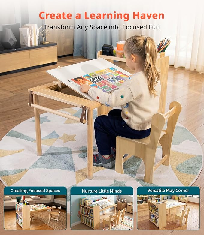 Kids Art Table and 2 Chair Set, Wooden Craft Table with Storage Shelves | Toddler Activity Desk for Creativity, Drawing, Learning & Playtime