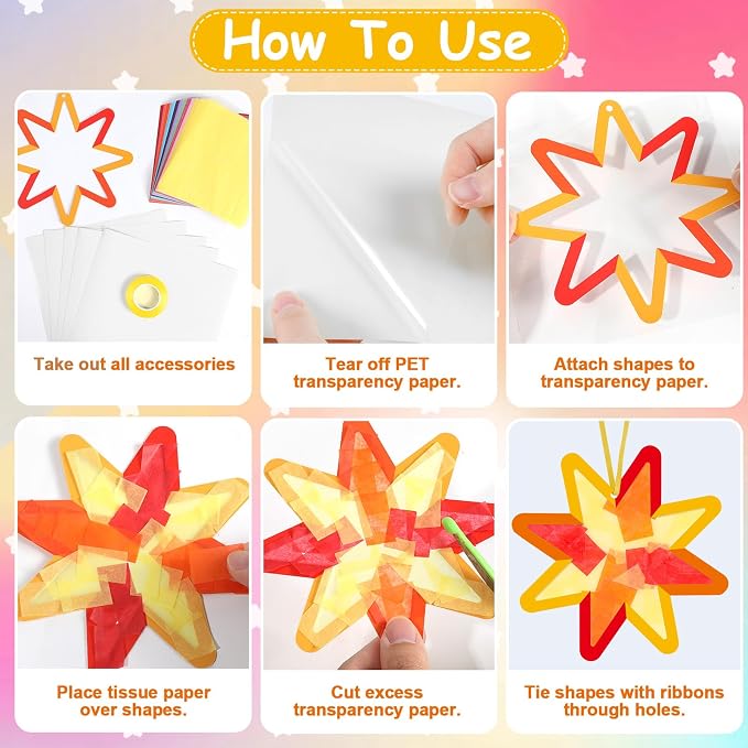 Qyeahkj 36 Set Summer Star Suncatchers Crafts for DIY Star Window Tissue Paper Craft Kit Art Ornament Hanging Decor for Home Activity Art Project Birthday Party Favors Gifts