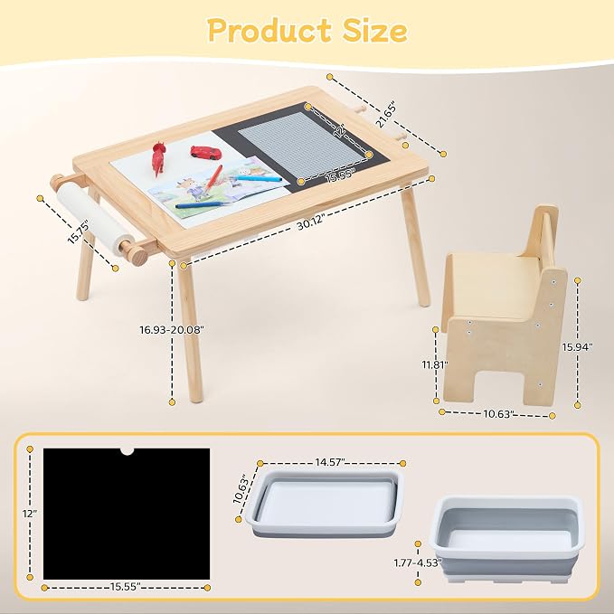 GITAWUSA Sensory Table and Chair for Toddlers 2-8, Wood Kids Activity Tables with Storage Bins, Toddler Play Table with Roll Holder for Drawing Paper, Kids Art Tables with Double-Sided Graffiti