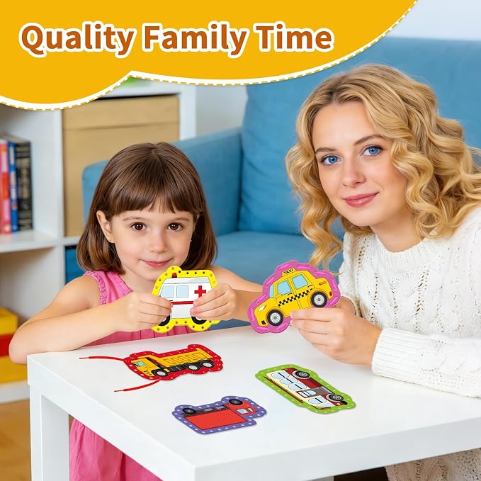 Vehicle Lacing Cards, Sewing Kit for Kids,Fine Motor Skills Toys | 9PCS Double Side Toddler Crafts for Shoe Tying Practice,Manipulatives for Preschool Learning Activity,Classroom Must Haves