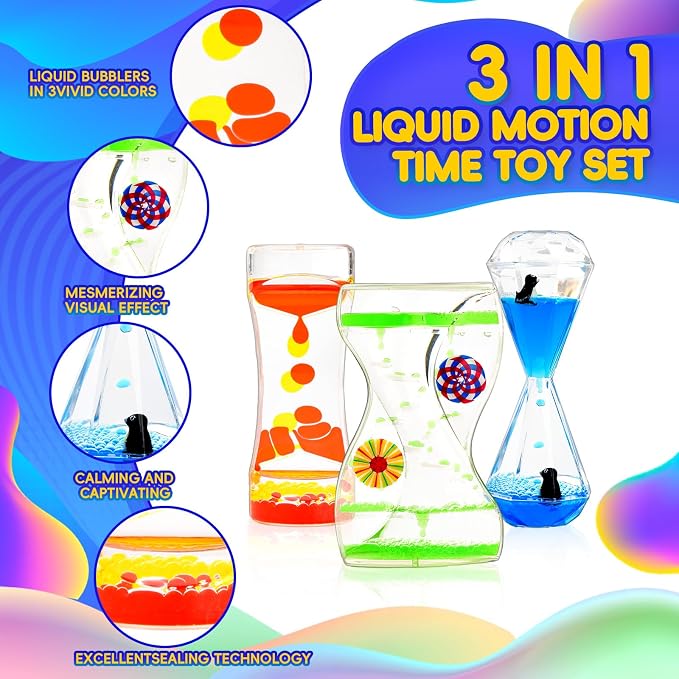 TKTM Liquid Motion Bubbler 3 Pack, Quiet Visual Calming Timer Toy | Sensory Fidget for Kids & Adults, No Batteries Required, Relaxing Desk Gadget for Classroom Therapy Office
