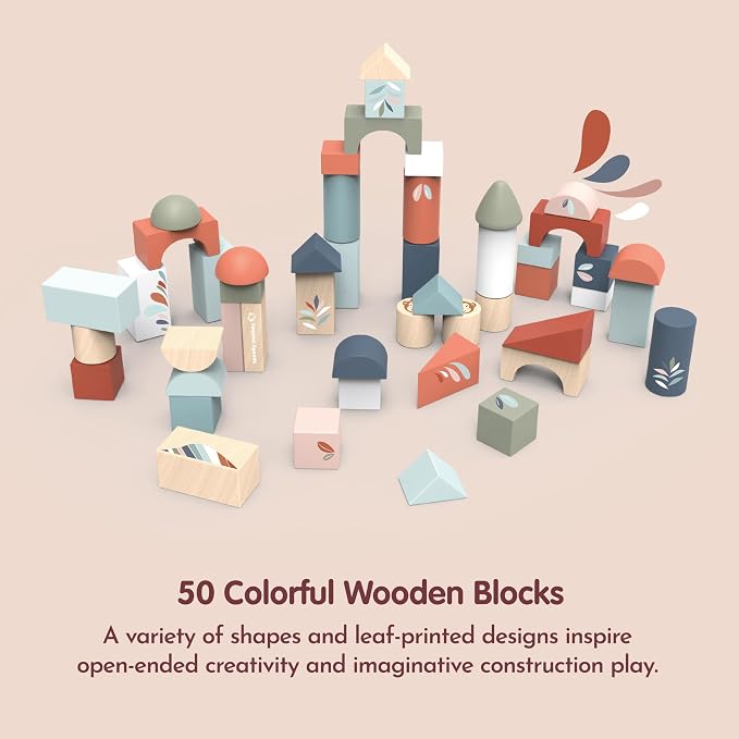 Wooden Building Blocks Set 50 Pieces STEM Learning Toy | 50-piece construction set, stacking toys, building blocks, preschool toys, toddler boy toys, STEM spatial reasoning, creative