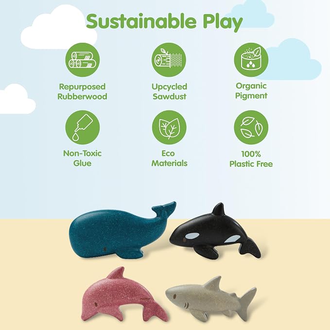 PlanToys® Wooden Sea Life 4-Piece Set, Dolphin, Orca, Whale & Shark Kids Toy