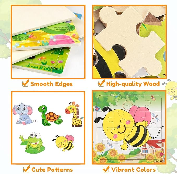 Sealive Wooden Animal Puzzles for Kids Ages 3-5, 6 Pack 16 Piece Jigsaw Set | for Toddlers & Preschoolers, with Early Learning, Fine Motor Skills, Problem Solving, Screen-Free Play, Travel & Gift Option