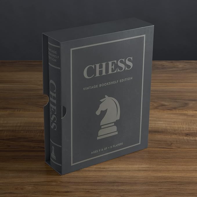 WS Game Company Chess Vintage Bookshelf Edition Board Game with Wood Pieces | Classic 2-Player Strategy Game, Linen-Wrapped Book Box, Integrated Storage, Full-Size Folding Board, Adults and Kids 9 and Up