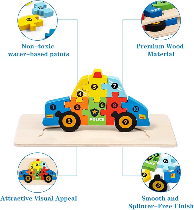 6 Pack Wooden Puzzles for Toddlers Ages 3-5, Montessori Vehicle Puzzle Toys | 60 Pieces, with Numbers 1-10, CPC certified, Educational Learning Toy, Birthday Gift for 3 4 5 Year Old Boys & Girls