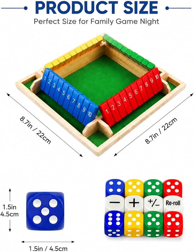 Upgraded 8.7-inch Shut the Box Game, Easy Quick and Fun Educational Math Game with 2 Symbolic Dice, 1-4 Players Wooden Board Games for Family Night Classroom Party, Tabletop Games for Kid Adult Senior