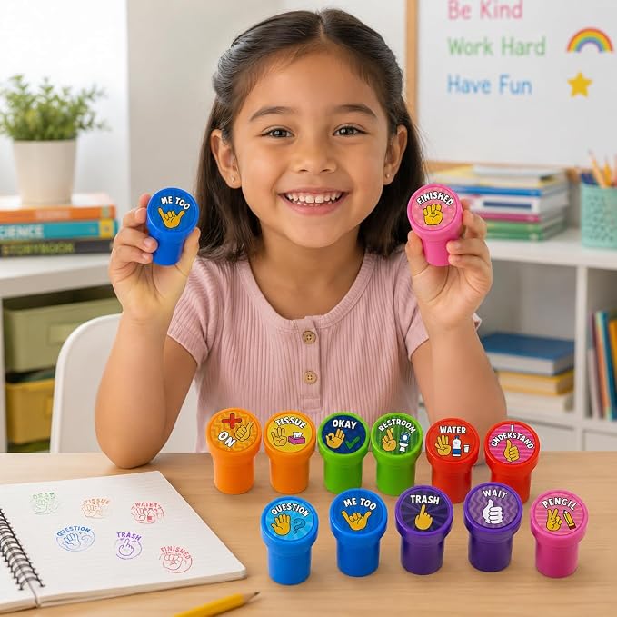 Cinrobiye 24 Pcs Hand Signal Stampers for Kids, Cute Classroom Communication Stamps, Teacher Tools, Classroom Rewards, Behavior Management, Party Favors, Goodie Bag Fillers, Small Toys