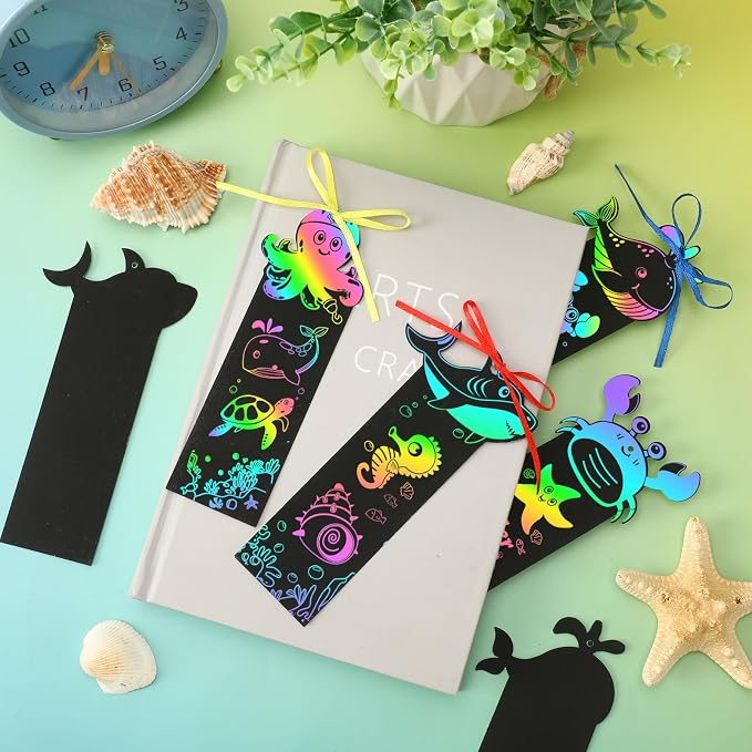 JUNEBRUSHS 30Pcs Ocean Crafts, Rainbow Magic Ocean Animals Scratch Bookmarks Under The Sea Party Favors Games for Activities Summer Arts and Crafts