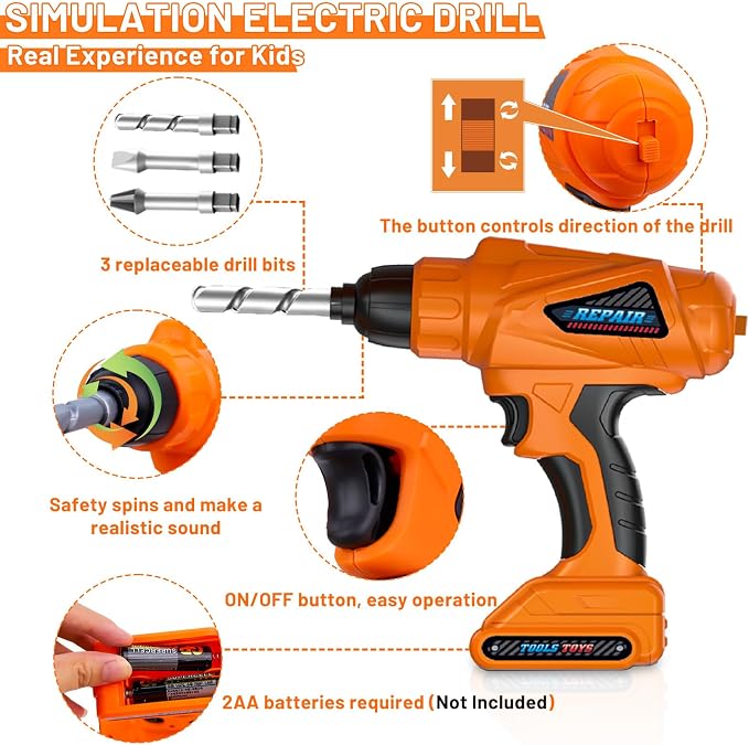 MAGIC4U 50PCS Kids Tool Set wtih Electric Drill, Safety Vest, Hat, Goggles | Pretend Play Construction Costume Toy, Tape Measure 12 Tool Equipements, Realistic sounds, Toddler Tool Box for Boy Girl
