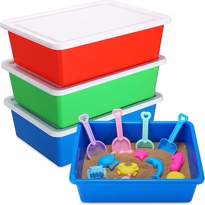 Threehoney 3 Pcs Portable Sand Tray with Lid 15.5 x 11.6 x 5 Inch Small Plastic Sand Box Stackable Sensory Bin Indoor Outdoor Water Play Gifts for Girls Boys School Home(Red, Blue, Green)