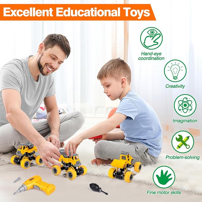 LUDILO Take Apart Construction Toys for 4 Year Old Boys Gifts Toys Age 4-6 | 4PCS Excavator Toy with Electric Drill/Kids Toy Boys 3-5/Building Learning Stem Toys for 3 4 5 6 7 Year Old Boy Birthday Gift