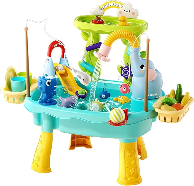 2027 Upgraded 4-in-1 Sand Water Table for Toddlers 1-3, Kids Sensory Table with Electric Water Pump & Elephant Faucet, Play Kitchen Sink with Food Accessories, Fishing Toy (Blue) | 4-in-1 sand and water table with electric pump, play kitchen sink and f...