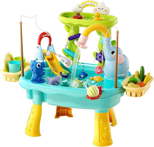 2027 Upgraded 4-in-1 Sand Water Table for Toddlers 1-3, Kids Sensory Table with Electric Water Pump & Elephant Faucet, Play Kitchen Sink with Food Accessories, Fishing Toy (Blue) | 4-in-1 sand and water table with electric pump, play kitchen sink and f...