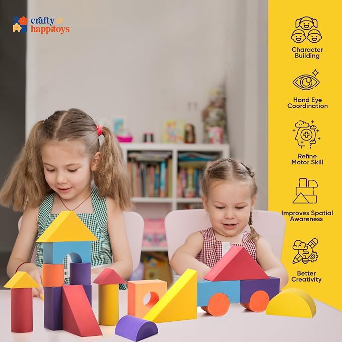 34 Large Foam Blocks for Toddlers - Stacking Soft Blocks for Kids Set | Giant EVA foam building blocks for kids - 34 soft colorful shapes to stack, with storage bag for daycare, preschool, or home