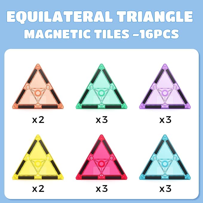 16PCS Magnetic Tiles Equilateral Triangle Expansion Pack, STEM Educational Construction Stacking Blocks, Compatible with Major Brands (16PC Equilateral Triangle)