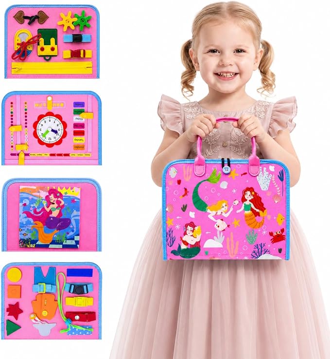 Montessori Busy Board for Toddlers 1-3, 4 Pages 15+ Activities Sensory Toy, ABC Numbers Colors Learning, Toddler Quiet Book Travel Toy, Preschool Educational Gift for Boys Girls, Pink Mermaid