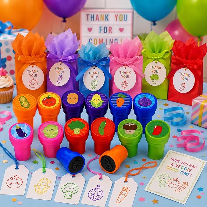 Cinrobiye 24 Pcs Vegetable Stampers Party Favor Set, Cute Veggie Stamps for Kids Birthday Party, Classroom Rewards, Educational Learning Toys, Goody Bag Fillers, Healthy Food Party Supplies