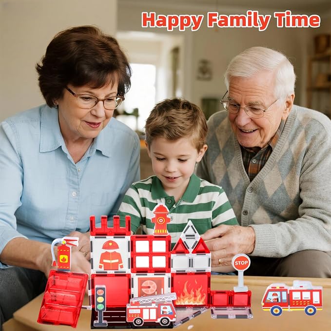 Firefighter Magnetic Tiles for Toddlers 3-5 – STEM Building Blocks Set with Fire Truck, Hydrant, Extinguisher & Storage Bag, Fire Station Creative Play for Boys & Girls, Christmas Birthday Gift