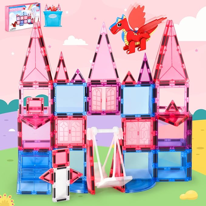 Magnetic Tiles for Kids Age 4-8 with Dragon, 36 Piece Princess Castle Magnet Tiles for Girls, Movable Dragon Sensory Toys for 3+, Creative Construction Building Set for Class, Xmas Gift for Grandkids