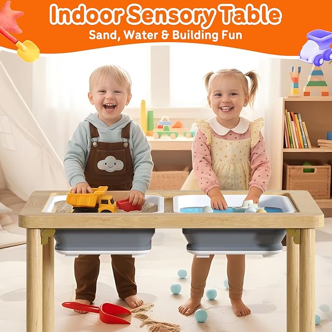 FUNLIO Foldable Wooden Sensory Table with 2 Bins for Toddlers, Kids Sensory Table with Anti-Warping Plywood Lid, Indoor/Outdoor Play Sand and Water Set, CPC Certified