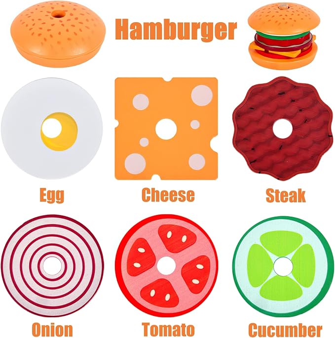 Wooden Burger Sandwich Stacking Toys for Kids, Play Food Toy, Montessori Toys for 3+ Year Old, Preschool Educational Toys to Develop Fine Motor Skills