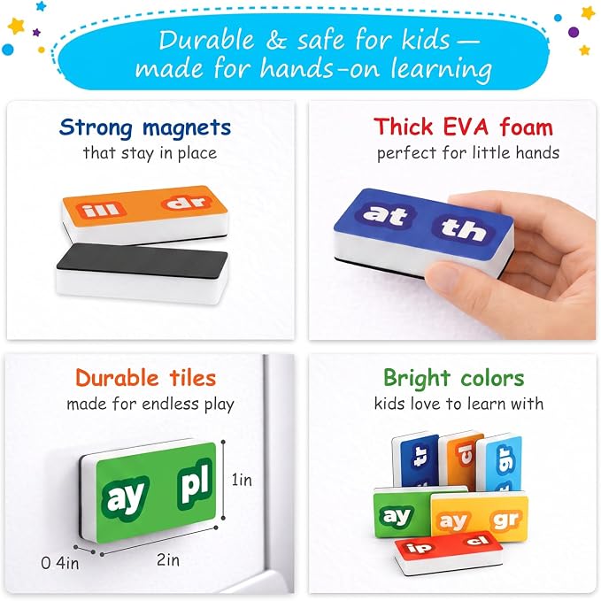 112 PCS Magnetic Phonics Dominoes, Magnetic Phonics Tiles — Simply Magic | Blend and Digraph Games for Classroom & Homeschool, Reading Manipulatives for Kids 6-7-8 years, Phonics Games, Word Building
