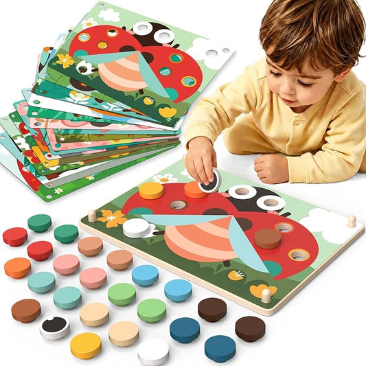Montessori Wooden Button Art Learning Toy for Toddlers 1 2 3+ Year Old | Color Matching Board with 16 Animal Pattern Cards & 30 Wood Pegs, Educational Fine Motor Skills Activity for Preschool Kids
