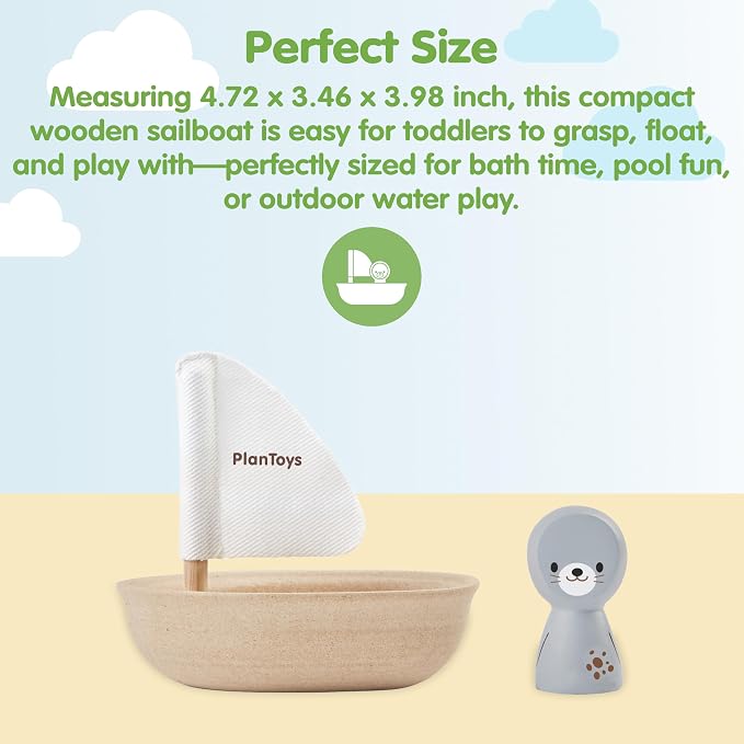 PlanToys® Wooden Sailing Boat Toy with Seal, Kids Bath Time Water Play Toy | wooden sailing boat with seal, bath time water play, floating imaginative toy, gentle sensory exploration, kids toddlers play