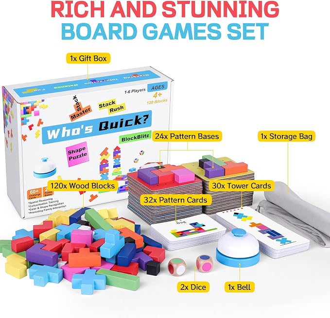 Wooden Block Stacking Games 120Pcs, 1-6 Players, Ages 4+ | 4 More Ways to Play Fast-Paced Building Block Game for Party Game Night, Classroom Challenging Board Games for kids (Blue)