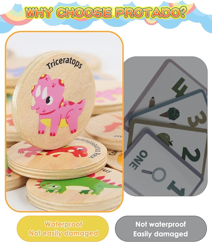 Wooden Memory Game for Kids, 24 Dinosaur Matching Cards | Educational Preschool Toy with Smooth-Edged Tiles Develops Focus, Recall and Visual Recognition for Classroom and Family Play