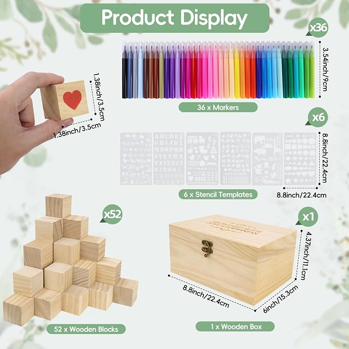 96 Pcs Decorate A Block Baby Shower, Fun Baby Shower Games Sign Kit, Baby Shower Blocks to Decorate, Baby Blocks Wooden Box with 52 Wooden Blocks 36 Paint Markers 1 Game Sign 6 Stencil Templates