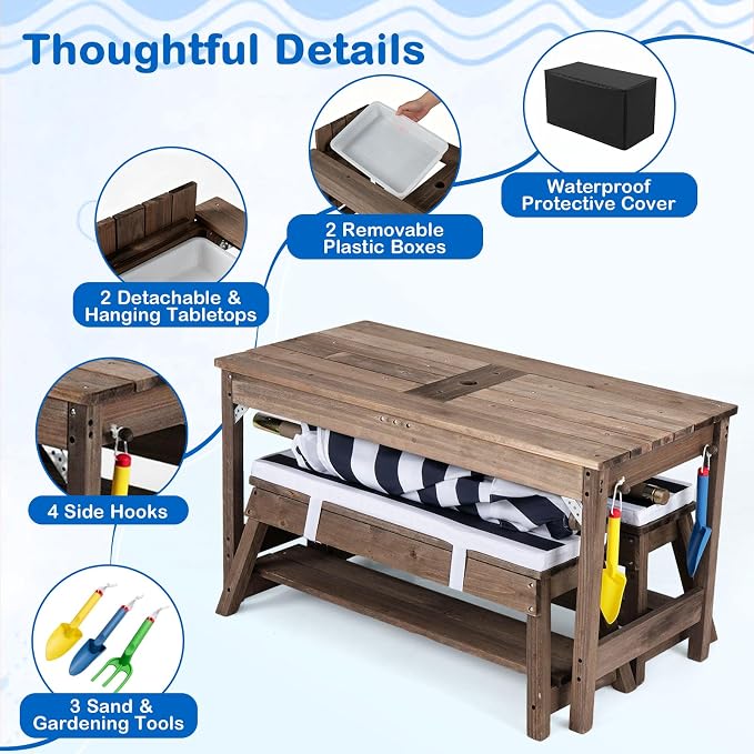 Costzon 4-in-1 Kids Picnic Table with Umbrella, Sand & Water Sensory Bins | Wooden Toddler Outdoor Table with Benches, Cushions, Cover, Gardening Tools, Kids Outdoor Furniture for Patio Backyard