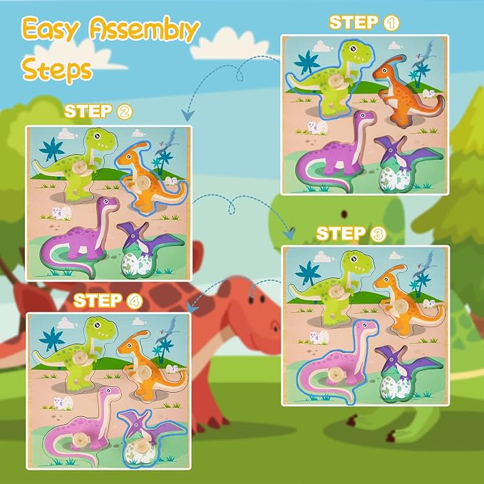 Wooden Toddler Puzzles - 4 Pcs Eco-Friendly Animal Patterns Jigsaw With Handles - Infant Kid Fine Motor Skill Learning Educational Montessori Toys for 1-3 Years Old