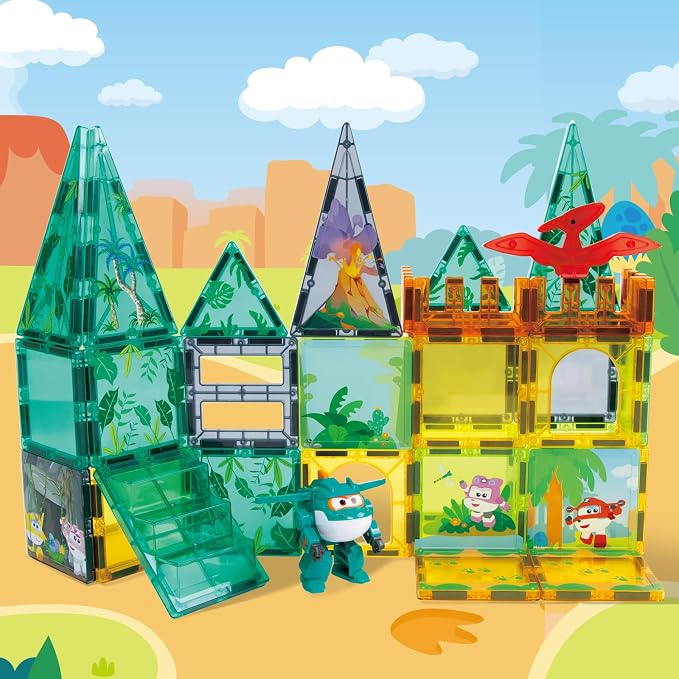 Magnetic Tiles with Tino Dinosaur Transformable Toy, STEM Building Blocks for Kids Ages 3-8, Travel Magnet Construction Set, Educational Dino Toys for Boys Girls Preschool Learning