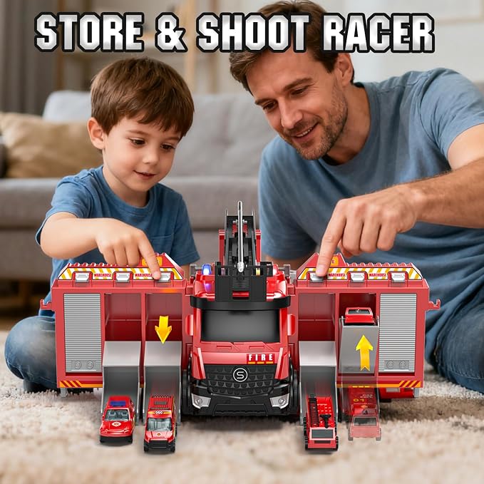Lehoo Castle Fire Truck Toy for 3 4 5 Years Old Boy | Fire Trucks Playset with Rotating Ladder, Realistic Lights & Sounds, Birthday Gifts for Toddlers 3+