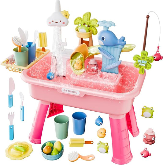 Toddler Water Table for 1-3 Year Old - Upgraded Electric Pump Water Toys, Outdoor Sensory Play Sand & Water Table, Kitchen Sink Toy with Running Water & Fishing Game, Summer Gifts for Boys Girls(Pink)