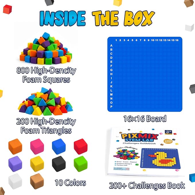 PIXMIX Pixel Building Art Kit for Kids Ages 5+ – STEM Toy for Boys & Girls, Creative Learning & Sensory Activity – 16x16 Board, 1000 Pieces, 200+ Multi-Level Challenges