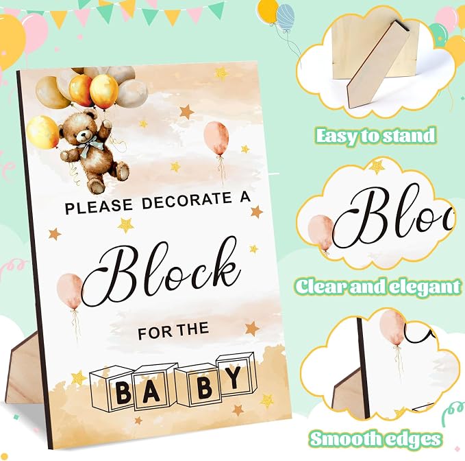 Baby Shower Blocks Game Set with Wooden Box, Acrylic Markers & Wooden Sign for Baby Shower Games, Gender Reveal & Decorations (BrownBear)