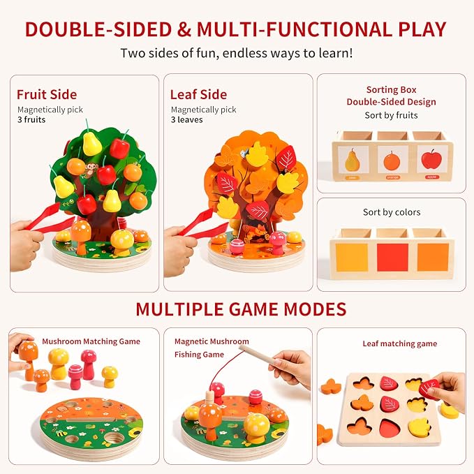INIFEIDALA Montessori Toys for 3 4 5 6 Year Old - Fine Motor Skills Toy | Wooden Educational Toy for Toddlers,Magnetic Apple Picking Tree & Shape Sorter Puzzle,Hand-Eye Coordination-Color Recognition