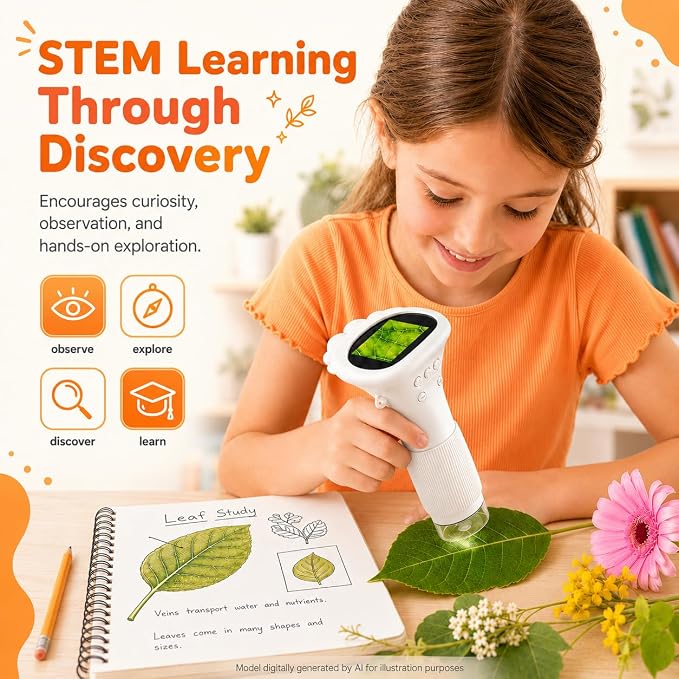 1000X Microscope for Kids, 2'' Screen Kids Wonder Quest Microscope Camera | , Digital Handheld Microscope, Educational Kids Magnifying Glass, Christmas Birthday Gifts for Age 3 4 5 6 7 8 9 10- White