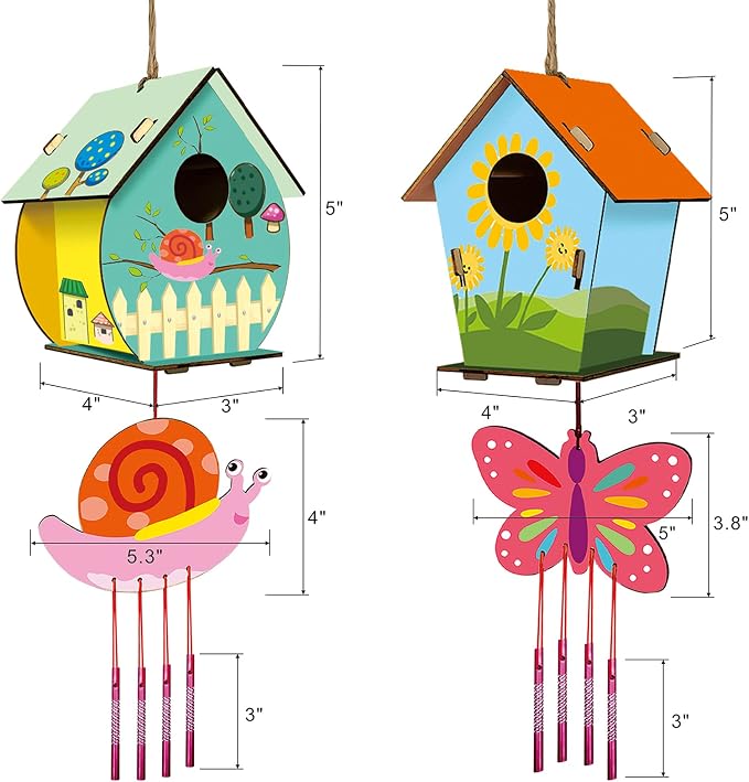 Home Composer 4 Pack DIY Bird House Wind Chime Kits for Children to Build and Paint, Wooden Arts and Crafts for Kids Girls Boys Toddlers Ages 8-12 4-6 6-8