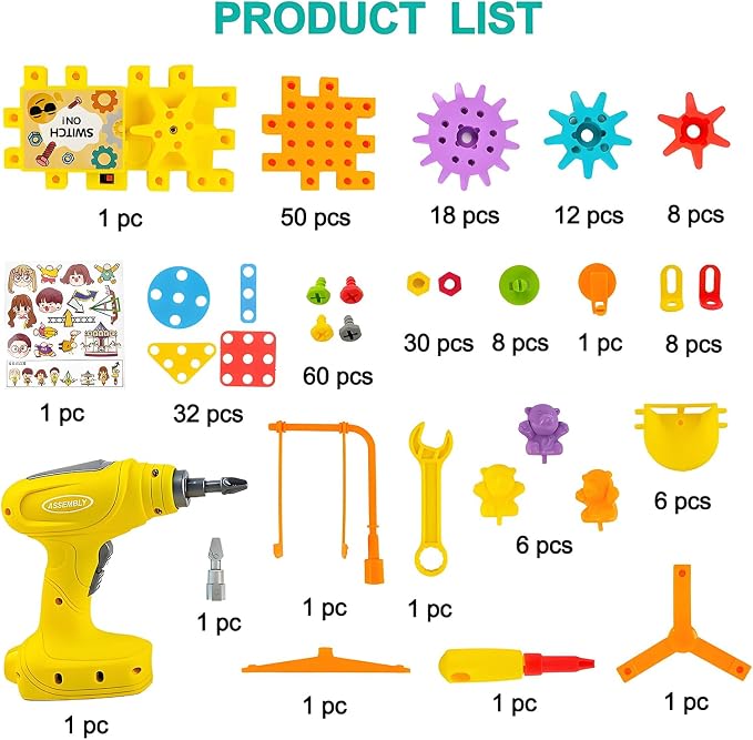 STEM Education Building Toys, 248 PCS Electric Gear Building Blocks Toys Set with Drill, Toddler Screw Toy, Kids Tool Set Construction Toy for Boys Girls Gifts Age 3-8
