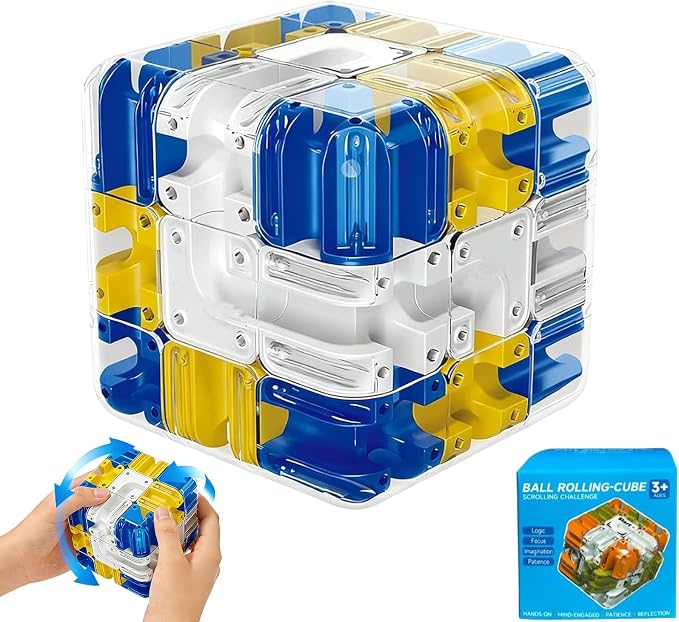 3D Rolling Ball Maze Cube, Marble Labyrinth Cube, 3D Labyrinth Puzzle Cube, Spatial Awareness Brain Training Educational Focus Game Gift for Adults Teens Kids (Yellow & Blue)