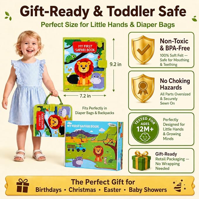 Gigilli Busy Book for Toddlers 1-3, 20 Activities Montessori Toy Busy Board | 6 Finger Puppets, Wild-Animal Educational Learning Quiet Activity, Travel Toys Birthday Gifts for Boys Girls