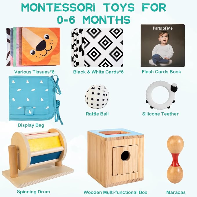 WOODMAM Montessori Toys for Babies 0-6 Months, 9 in 1 Educational Play Kit | Infant Toys 0-6 Months, High Contrast Cards, Baby Tissue Box Toy, Spinning Drum, Teether, Baby Gifts for Newborn 0-3-6 Months