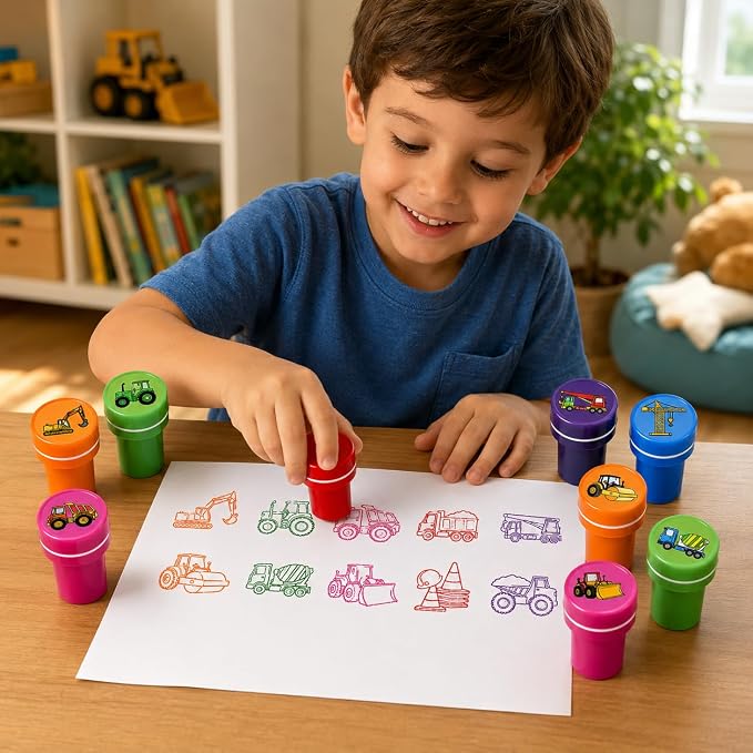 Cinrobiye 24 Pcs Construction Vehicle Stampers Party Favor Set, Cute Building Truck Stamps for Kids Birthday Party, Classroom Rewards, Carnival Prizes, Goody Bag Fillers, Themed Party Supplies