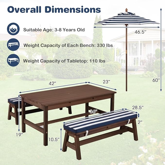 Costzon Kids Picnic Table, Fir Wood Toddler Outdoor Table & Bench Set w/Removable Umbrella & Cushions, Stripe Fabric, Kids Outdoor Furniture for Patio Backyard Garden, Fits 4 Children Age 3+ (Blue)