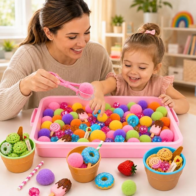 Cinrobiye 234 Pcs Ice Cream Sensory Bin Fillers Summer Sweet Treat Dessert Sensory Bin Items Filler Fine Set with Tools Storage Box Pompoms for School Home Activities Sorting Counting Decor